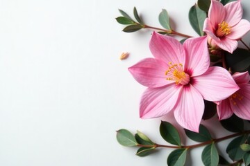 Obraz premium Pink floral arrangement, eucalyptus, white background Flat lay , texture, still life