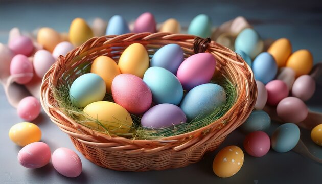 vibrant easter basket with colorful pastel eggs for spring holiday celebrations and decorative ideas