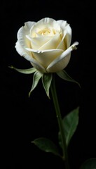 Unopened white rose bud, velvety petals, dramatic black backdrop , delicate, fresh, unfolding