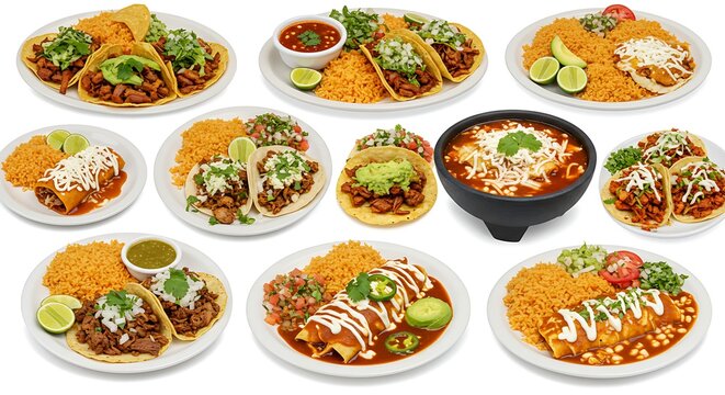 Mexican Food Platter: Tacos, Enchiladas, and Rice mexican food