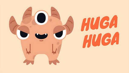 A quirky, peach-colored monster with three eyes, two small horns, and a mischievous grin, standing upright. The text "HUGA HUGA" is displayed in a bold, playful font on a light peach background