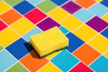 The text describes using a yellow cleaning sponge to clean colorful tiles.
