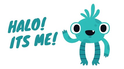 A friendly, teal-colored monster with an octopus-like body, two large eyes, a small fang, and tentacle-like legs, waving its hand. The text 