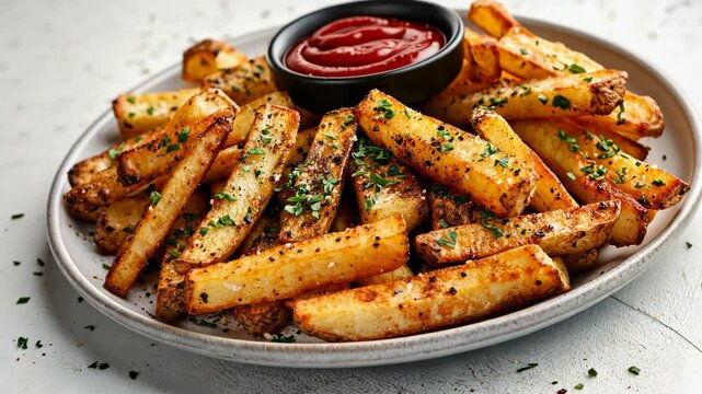 Crispy seasoned potato fries on a plate