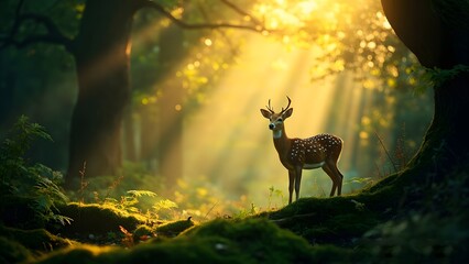 Majestic Deer Standing in Enchanted Forest with Sunlight Rays