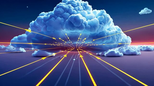 Digital Cloud with Glowing Network Data Lines on Futuristic Sky Background