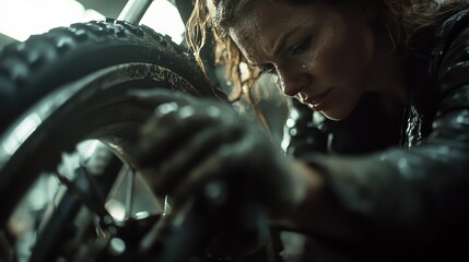 A focused woman is immersed in repairing a bicycle within a dimly lit garage, showcasing determination and skill amidst the backdrop of tools and grease.