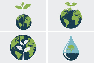 Green global ecology icons featuring a leafy earth concept