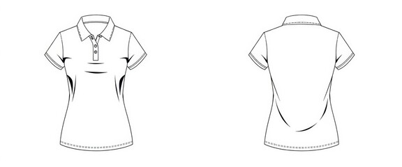 Flat sketch of women's polo shirt, front and back views; ample copy space, polo shirt,  womenswear