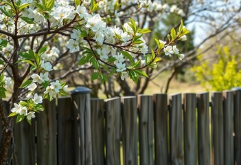 Fototapeta premium Fresh green leaves sprout on a blossoming tree beside a rustic wooden fence, springtime scene, sunlight