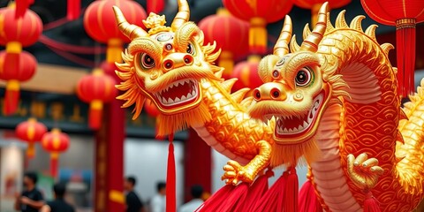 Fototapeta premium Golden dragon dance props, festive red decorations, blurred celebratory background, prosperity, lion dance