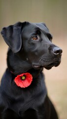 Black labrador dog with red poppy flower collar - Pet Remembrance Day