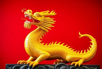 Golden dragon sculpture against vibrant red backdrop Power, prosperity, Asian art,  legend, asian