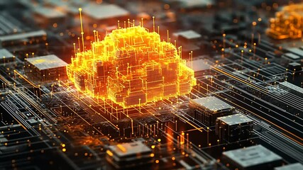 Futuristic digital cloud computing concept over a complex circuit board with glowing data connections - Powered by Adobe