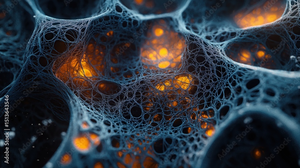Poster Microscopic mesh structure with glowing orange cores in black organic web