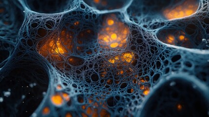 Fototapeta premium Microscopic mesh structure with glowing orange cores in black organic web