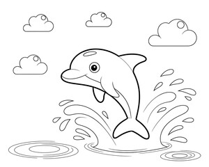 Obraz premium Playful dolphin jumping out of water with clouds in the background for a coloring page or children's illustration