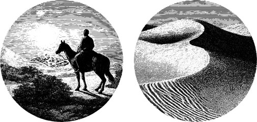 Engraved desert mirage with lone traveler on horseback