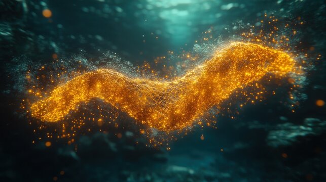 Golden, swirling, particle stream in dark depths