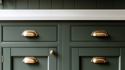 Elegant dark green kitchen cabinet hardware with brass handles adorning modern cabinetry featuring white countertops and stylish design