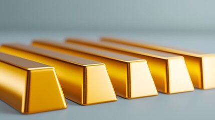 Five gleaming gold bars sit in a row providing ample copy space for text related to finance wealth investment or precious metals showcasing luxury and prosperity.