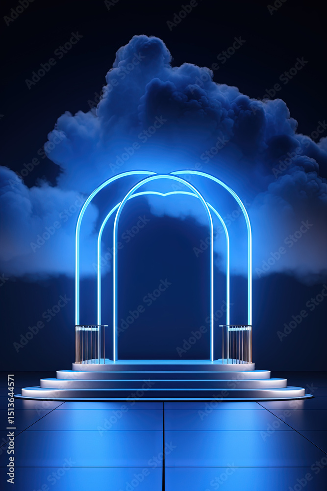 Poster neon arch in dark blue lights room with clouds. abstract background for party stage or product displ
