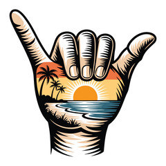 Woodcut Shaka Hand Sunset Vector