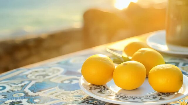  sunlit lemons arranged beautifully on a patterned table. The vibrant color and natural glow capture the essence of summer and freshness.
