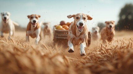 A pack of joyful dogs sprinting through a sunlit wheat field creates a lively scene; the image symbolizes joy, freedom, companionship, and the bond between humans and pets.