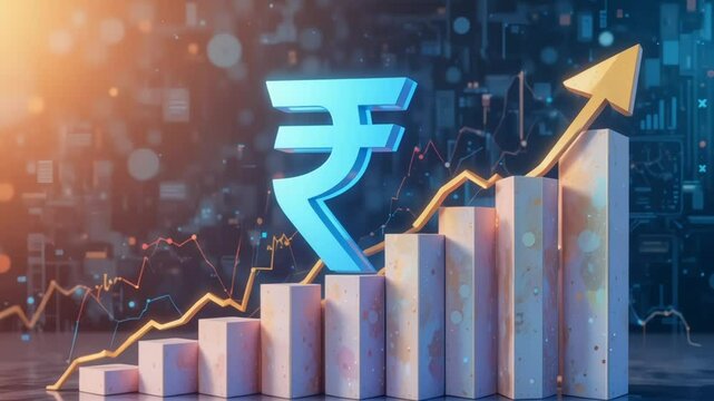 Rupee symbol as a rising bar graph, representing financial progress, data driven success, and economic climb