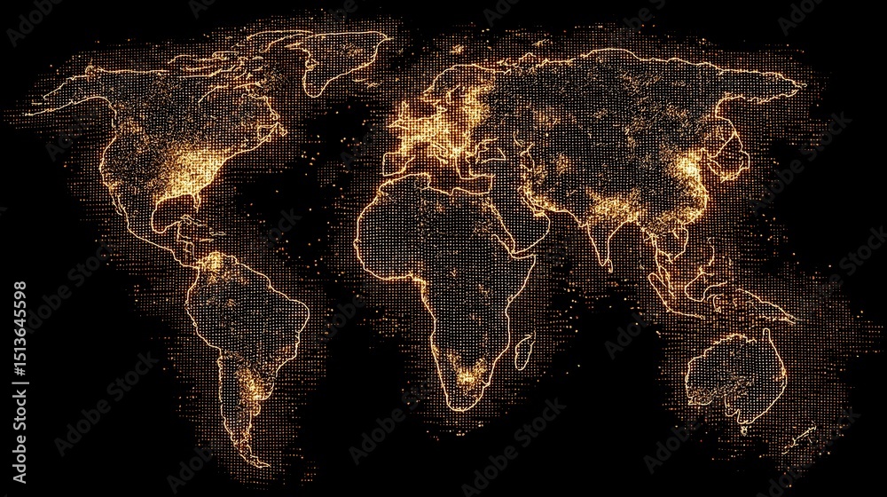 Poster glowing world map showing global digital network connections