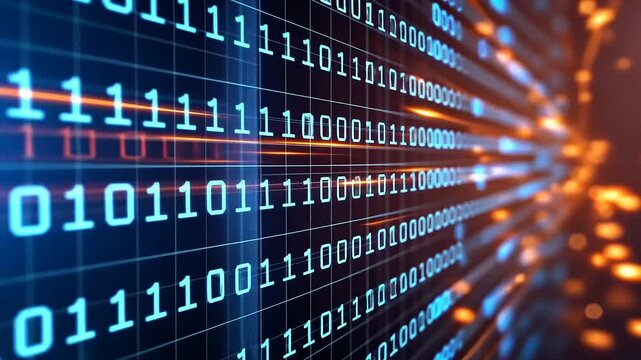 Abstract representation of binary code flowing through a digital space, symbolizing data transmission - Powered by Adobe