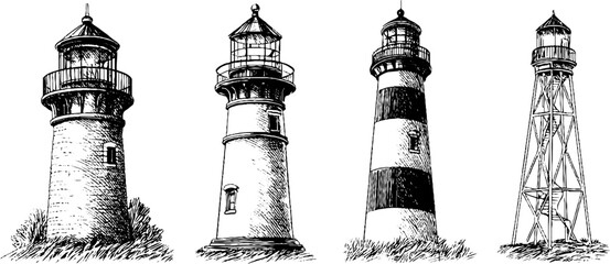 Obraz premium Vintage coastal navigation set: engraved illustrations of historic lighthouse designs