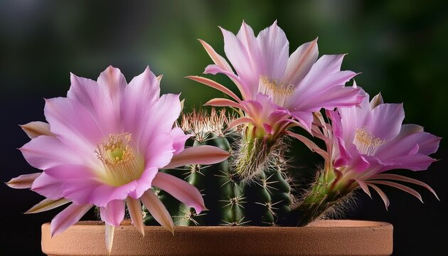 pink flower of echinopsis cactus blooming in planting pot