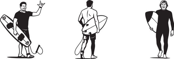 Active water sports with surfboards and wakeboards, Surf and wakeboard adventure illustration