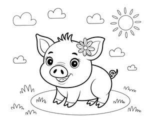 Adorable outline illustration of a happy piglet with a flower on its ear surrounded by clouds and a sunny day