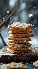 Sweet homemade cookies sprinkled with powdered sugar on a wooden board. Useful for cooking blogs and advertising home baking.