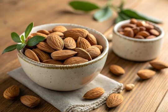Organic almonds in bowl on wooden table