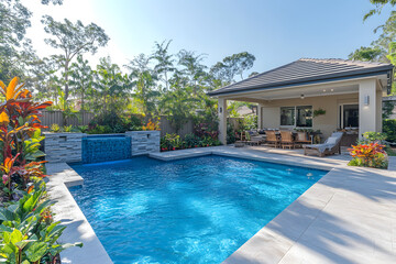 A backyard sanctuary featuring a beautifully designed pool with blue water and tropical surroundings.