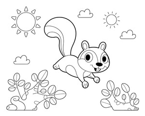Fototapeta premium Cute playful squirrel in the sunshine with simple cloud outlines and leaves ready for coloring on a blank white background