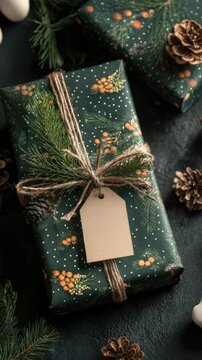 Gift wrapped in vintage floral paper with kraft twine and blank tag, placed on matching floral fabric, symbolizing romantic charm, handmade care, and nostalgic celebration