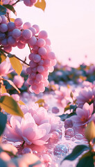 A dreamy, pastel-themed scene featuring a cluster of pink grapes hanging above delicate pink flowers and glistening water droplets, bathed in soft sunlight.