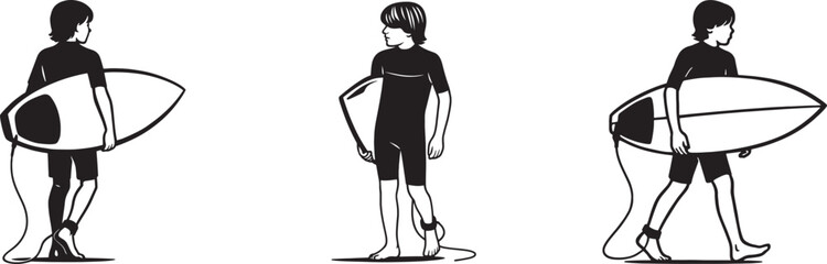 Three surfers walking with boards black white, Monochrome surf group carrying gear