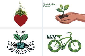 A set of green eco plant and leaf icons symbolizing nature and organic recycling design elements