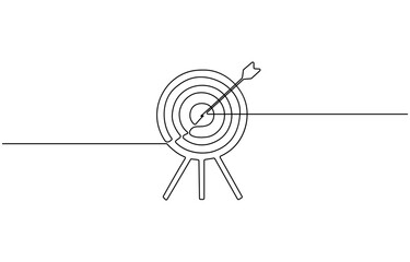 Target with an arrow hitting the center, one continuous line illustration. Continuous line drawing of archery target, The arrow on in target circle is vector linear illustration.