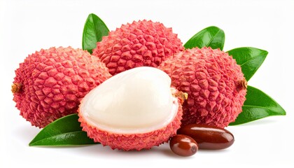 Lychee with cut in half and leaves isolated on white background