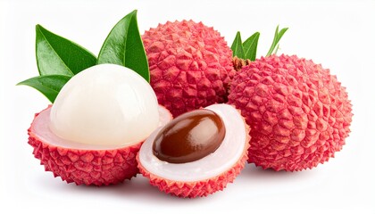 Lychee with cut in half and leaves isolated on white background