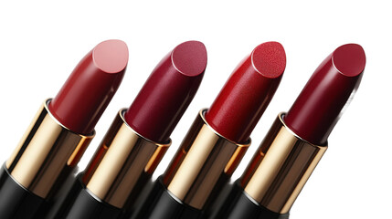 Obraz premium Close up shot of four lipstick tubes in varying shades of red on transparent background