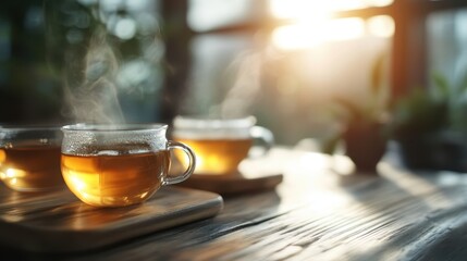 Three glass cups of steaming tea sit on wooden coasters, offering an inviting and warm ambiance, perfect for relaxation or cozy gatherings in a serene setting.