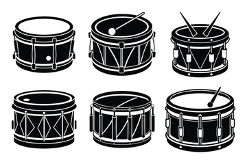 Set of classic band snare drum silhouette vector illustration on white background.